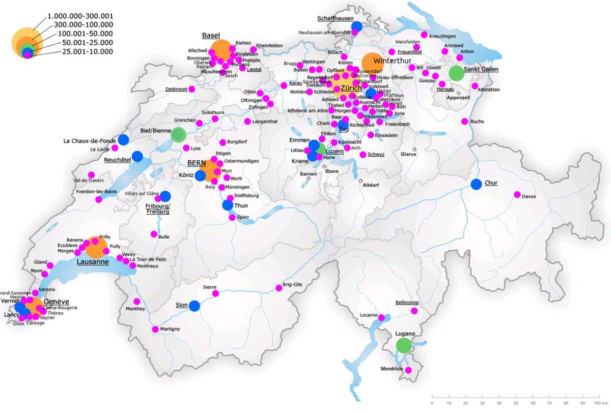 švicarskoj mapa sa većim gradovima